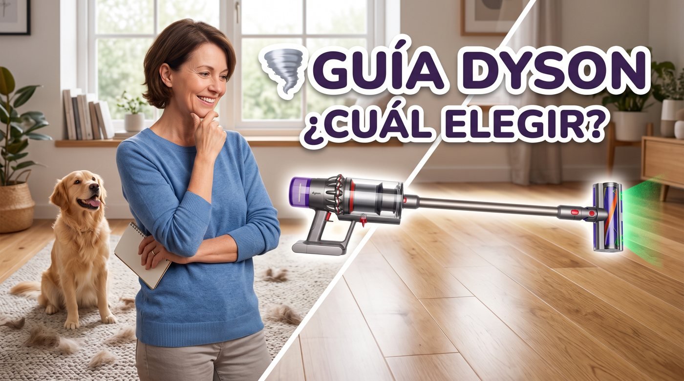 Guía Dyson para elegir aspiradora, mostrando producto y texto "¿Cuál elegir?".