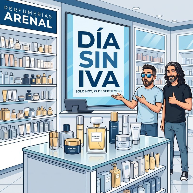 Ey, familia!  Javi y Alberto al aparato con un aviso de los que nos gustan. ¡Solo HOY, 27 de septiembre, es el DÍA SIN IVA en Perfumerías Arenal
